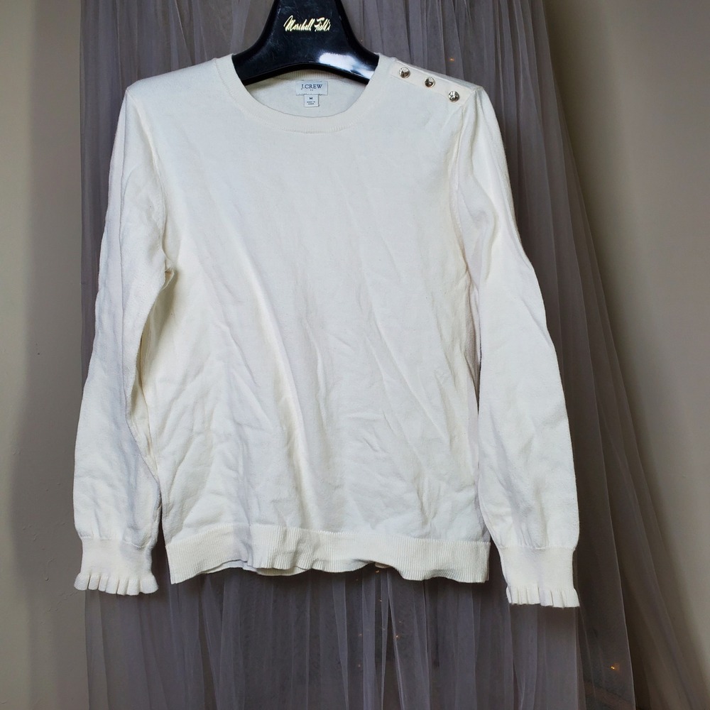 J Crew Ivory Cotton Sweater Scandi Clean Girl Size M Ruffle Button Shoulder